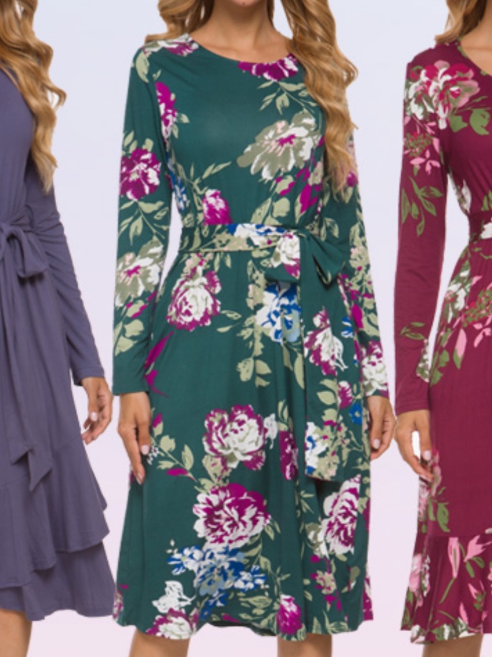 Long-Sleeve Floral Tie-Waist Dress in Teal Green with Pockets